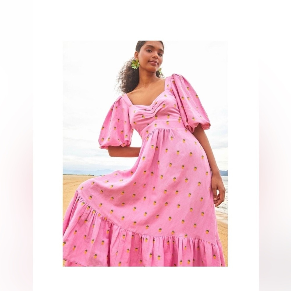 Farm Rio Pink Puff-Sleeve Palm Tree Tropical Maxi Dress Women’s Medium